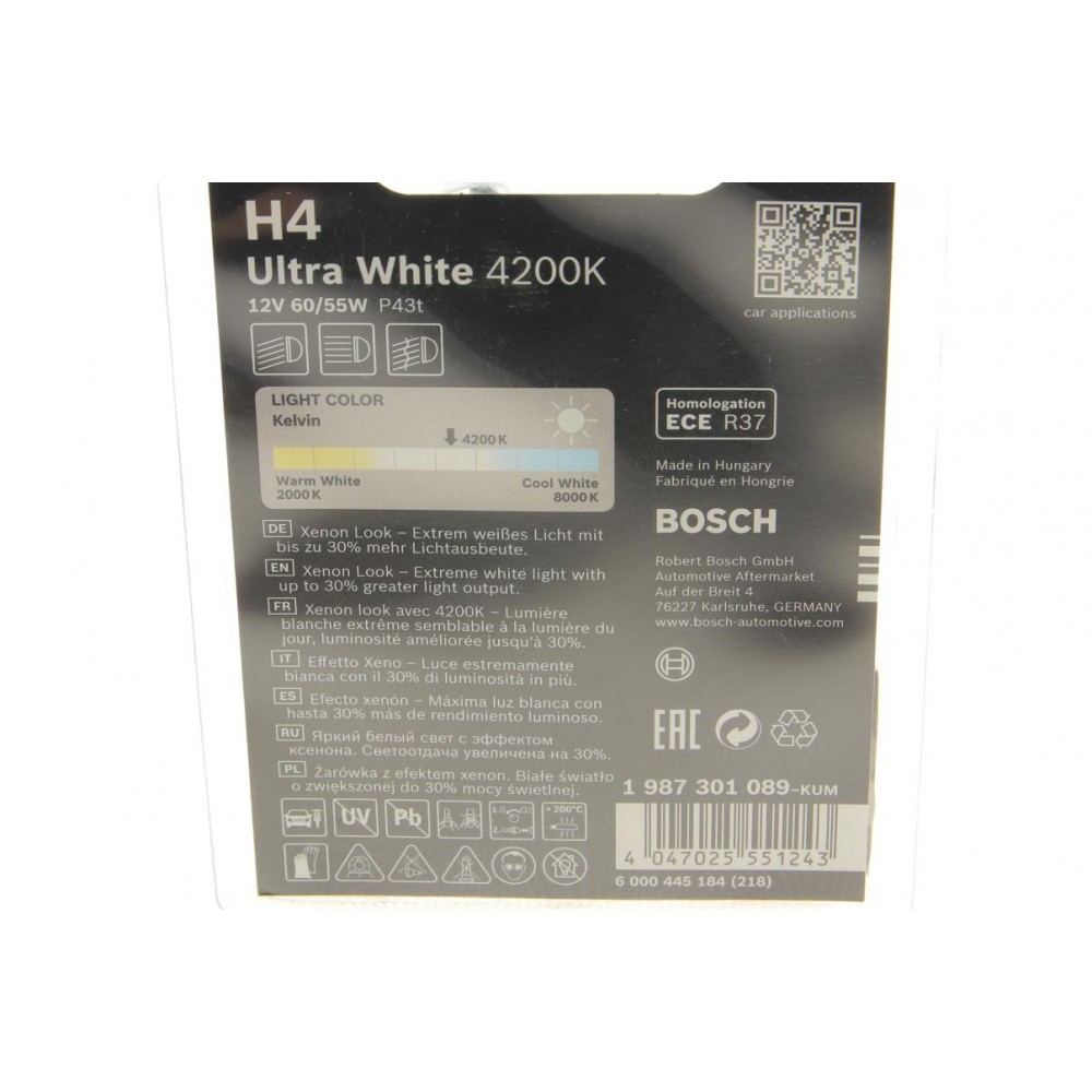 Автолампа H4 12V 60/55W P43t Ultra White 4200K (BL) (замінено на 1 987 301 152)