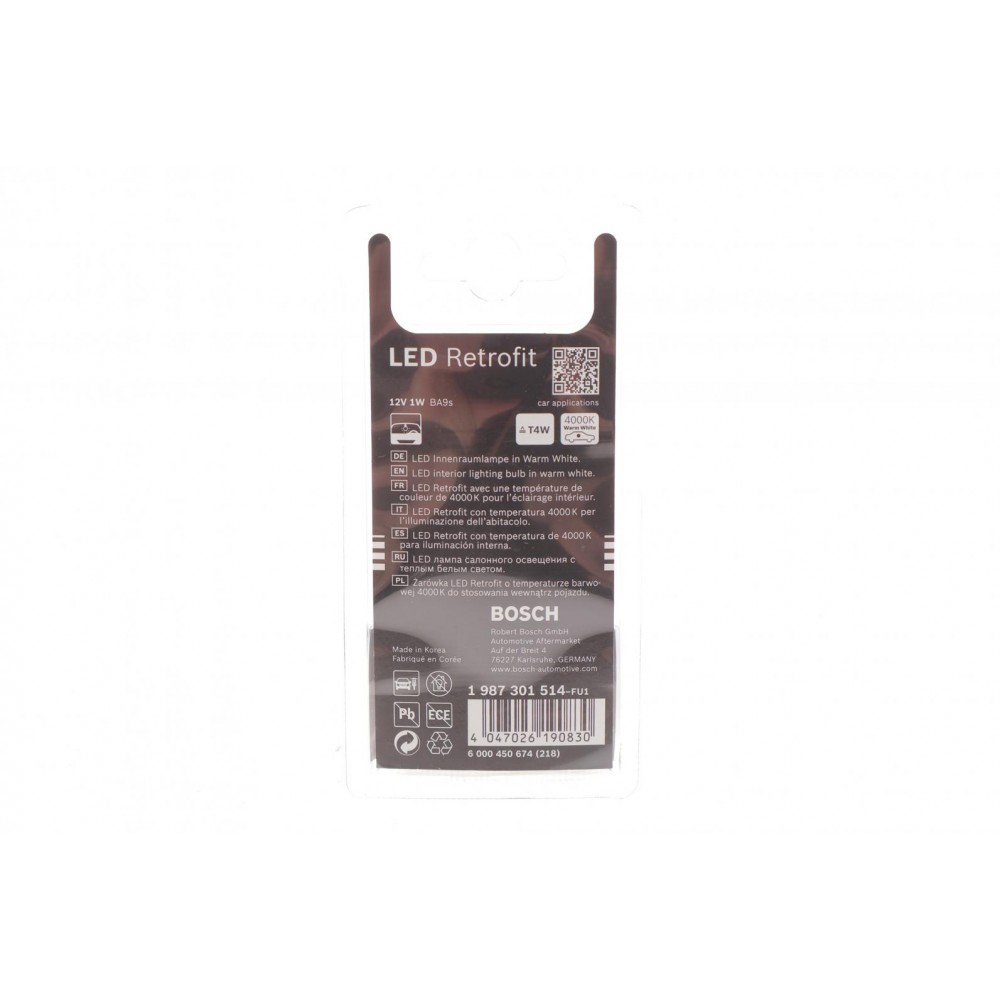 Автолампа T4W 12V 1W BA9s LED Retrofit BL (4000K)