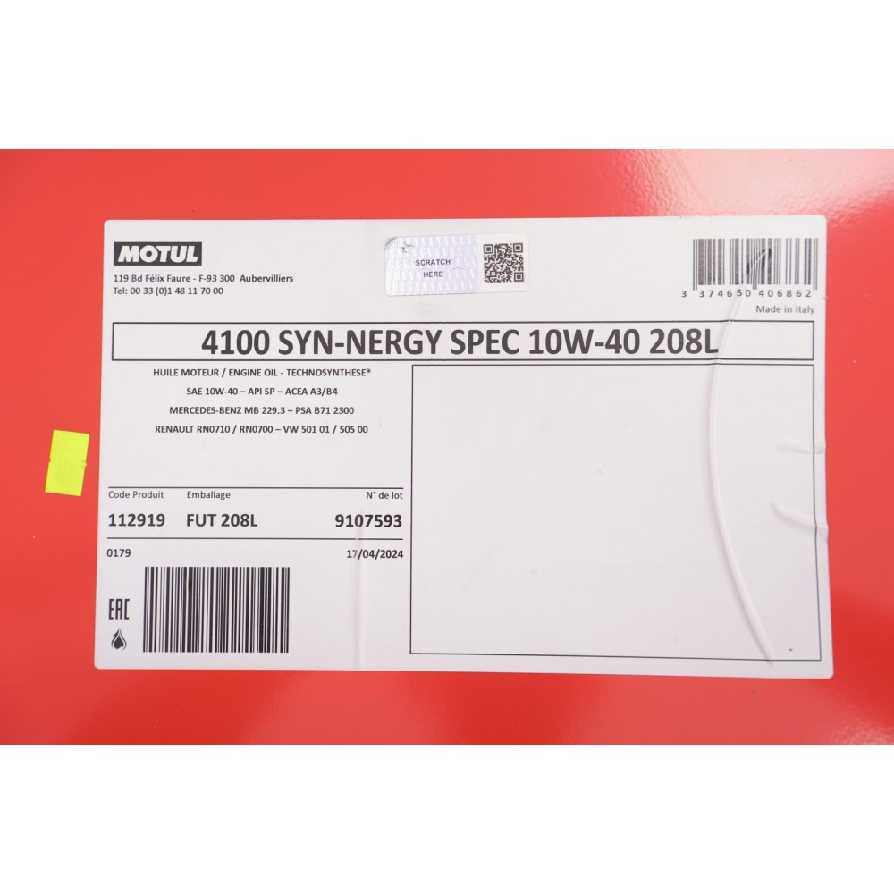 Олива 10W40 4100 Syn-nergy Spec (208L) (MB 229.3/RN0710/RN0700/PSA B71 2300/VW 501 01/VW505 00) (112919)